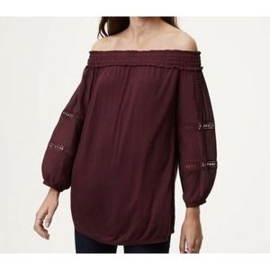 NWT Loft Womens Off‎ The Shoulder Blouse Size Small Burgundy Embroidery
